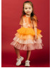 Elbow Sleeves Orange Velvet Ombre Tiered Tulle Flower Girl Dress